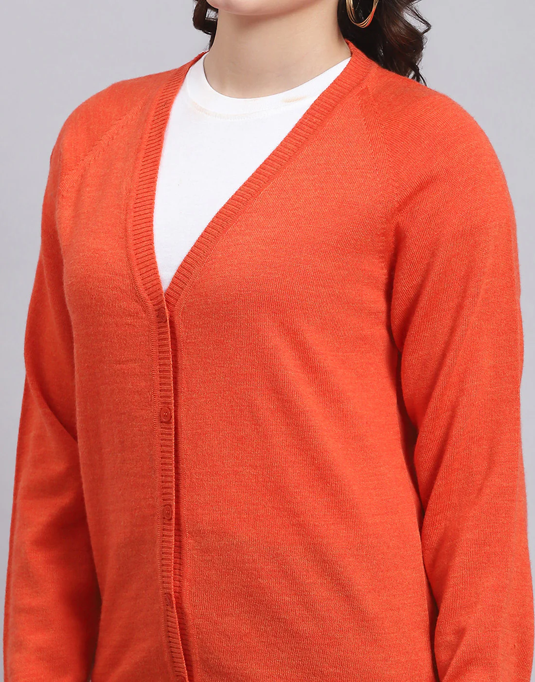 Women Orange Solid V Neck Full Sleeve Sweater - Image 6