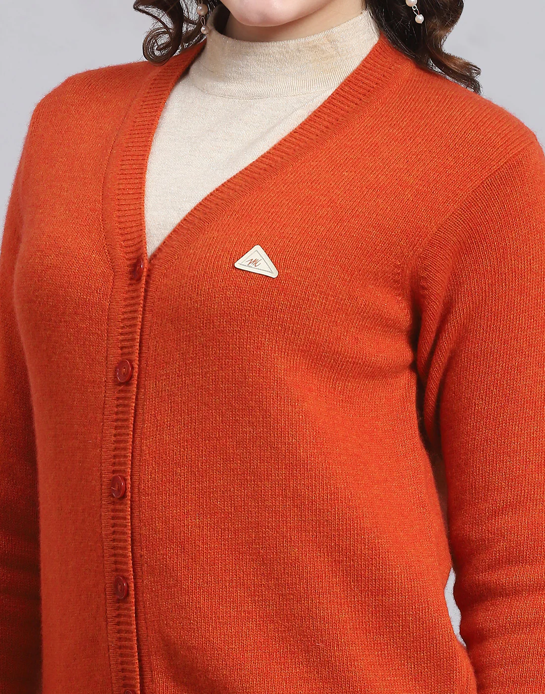 Women Orange Solid V Neck Full Sleeve Sweater - Image 6