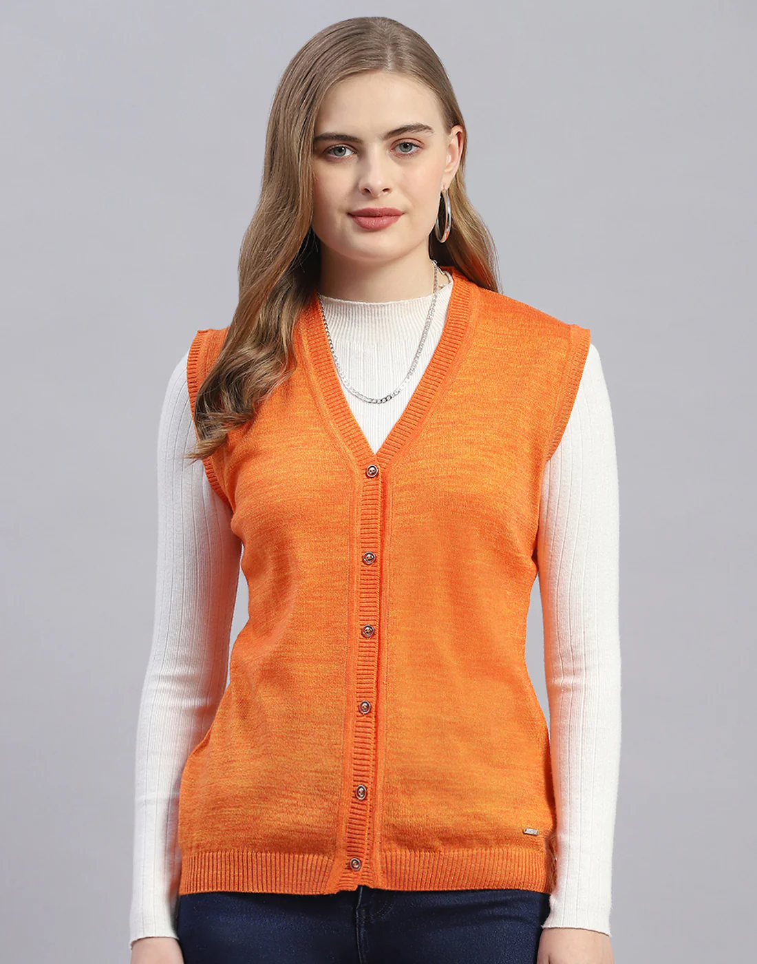 Women Orange Solid V Neck Sleeveless Cardigan - Image 2