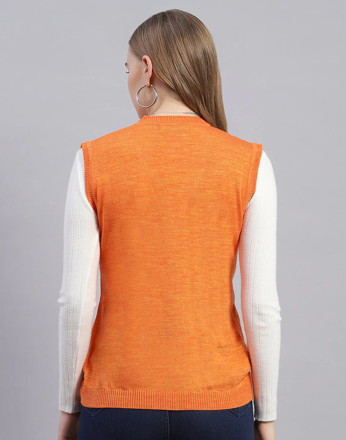 Women Orange Solid V Neck Sleeveless Cardigan - Image 5