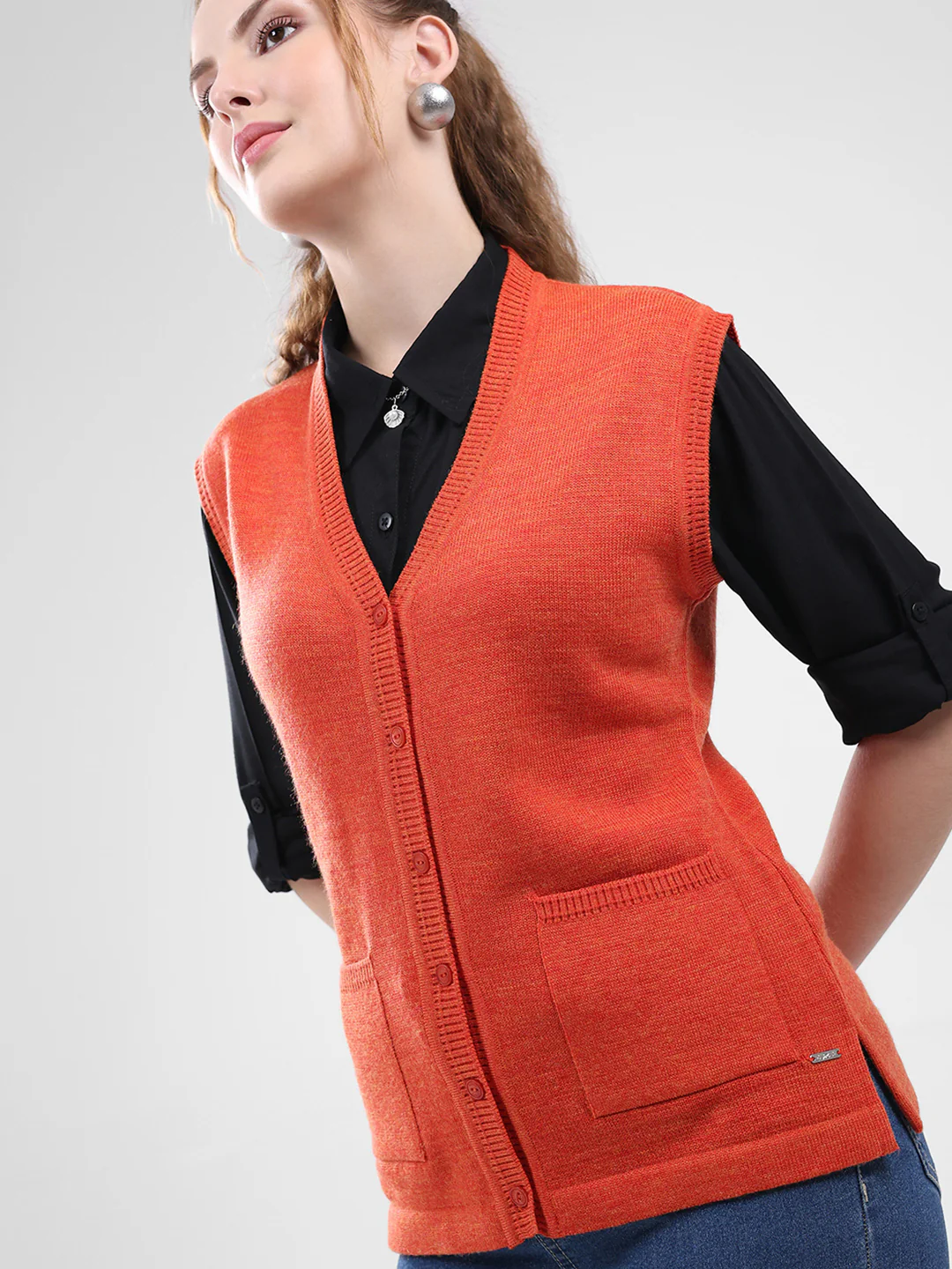 Women Orange Solid V Neck Sleeveless Cardigan - Image 6