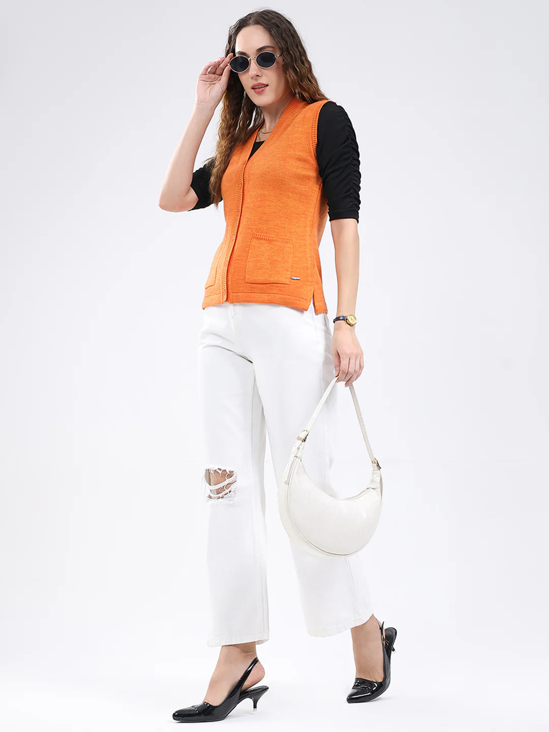 Women Orange Solid V Neck Sleeveless Cardigan - Image 2