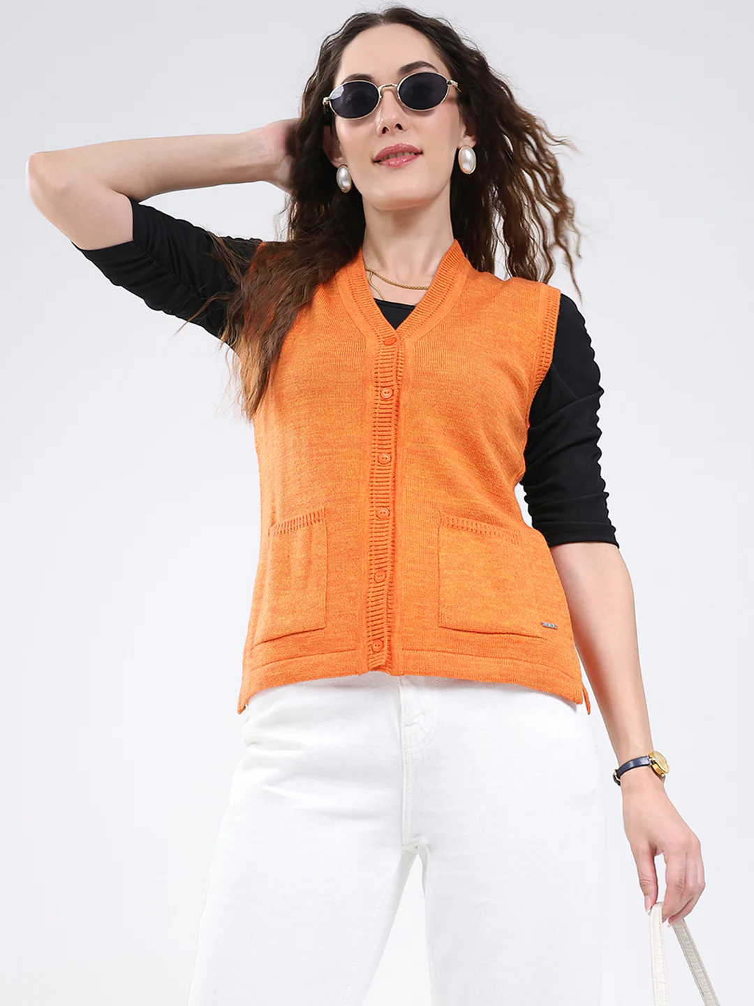 Women Orange Solid V Neck Sleeveless Cardigan - Image 6