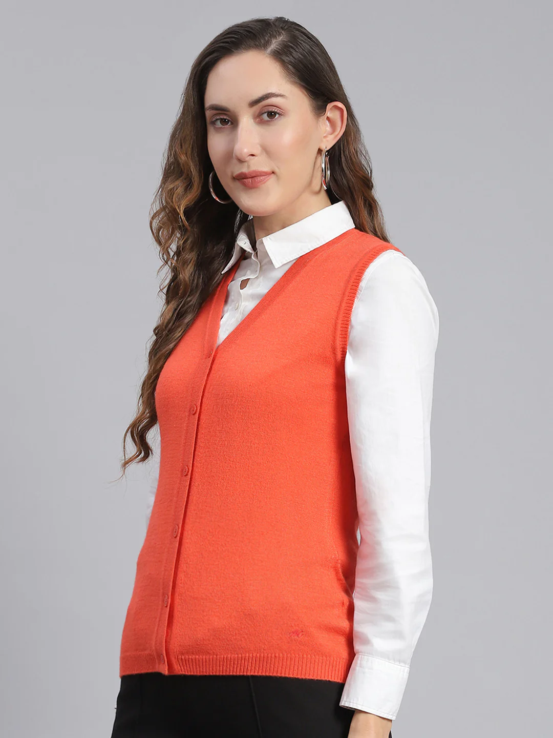 Women Orange Solid V Neck Sleeveless Cardigans - Image 3
