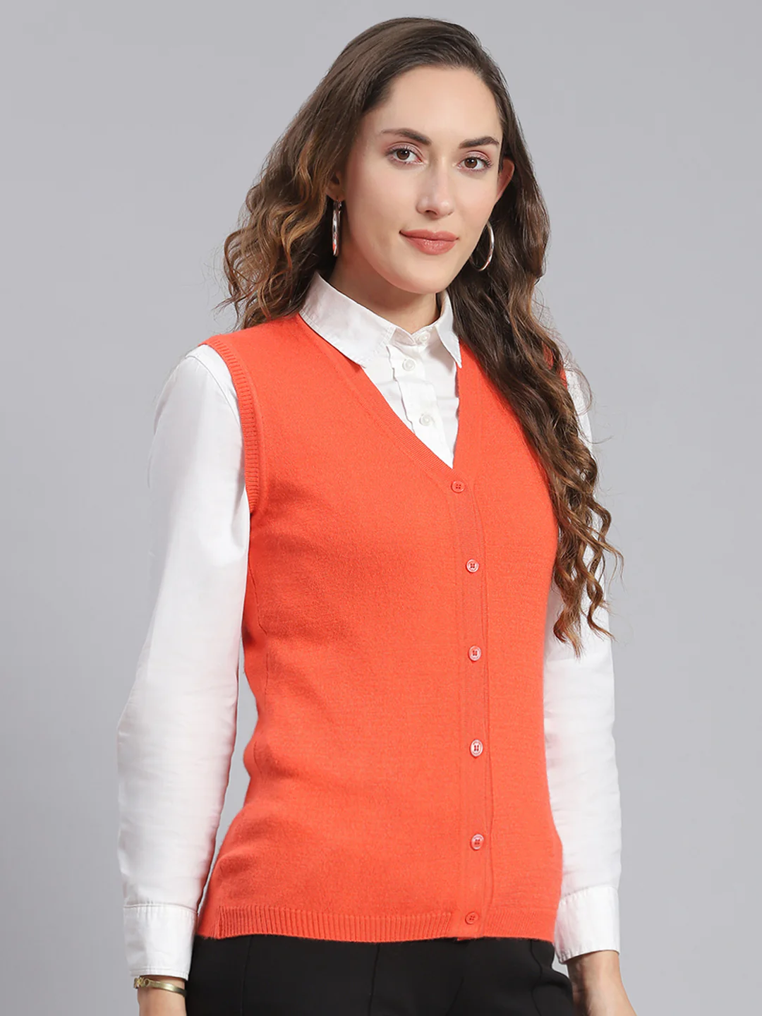 Women Orange Solid V Neck Sleeveless Cardigans - Image 4