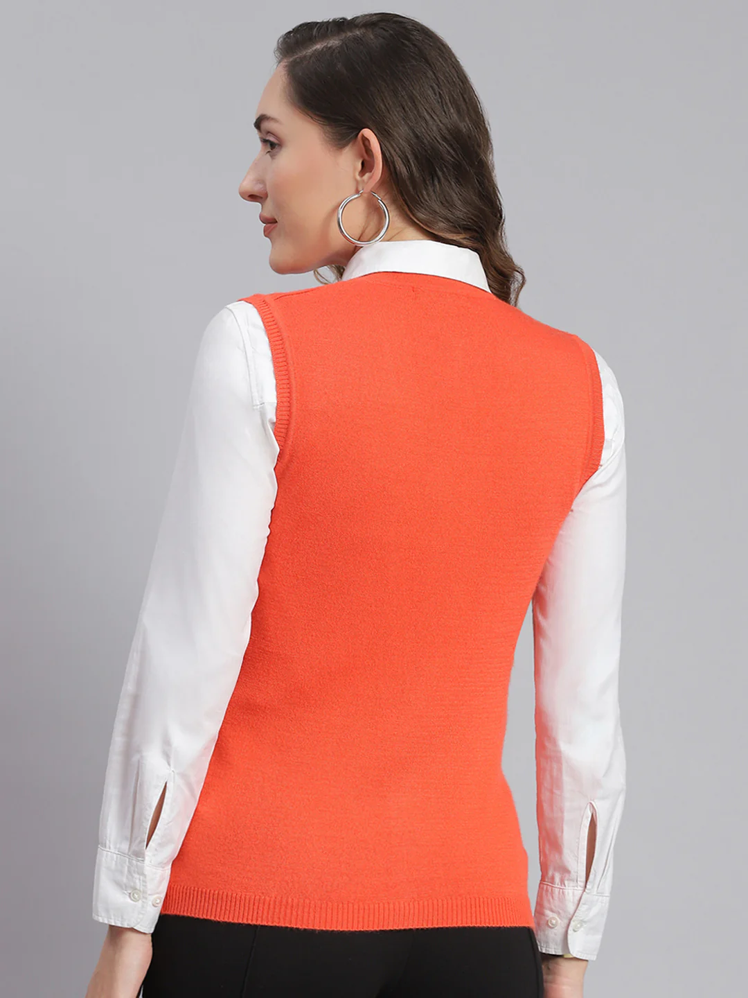 Women Orange Solid V Neck Sleeveless Cardigans - Image 5