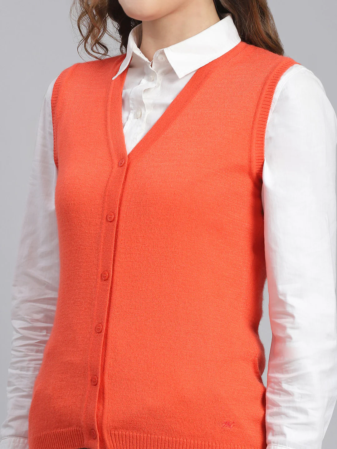Women Orange Solid V Neck Sleeveless Cardigans - Image 6