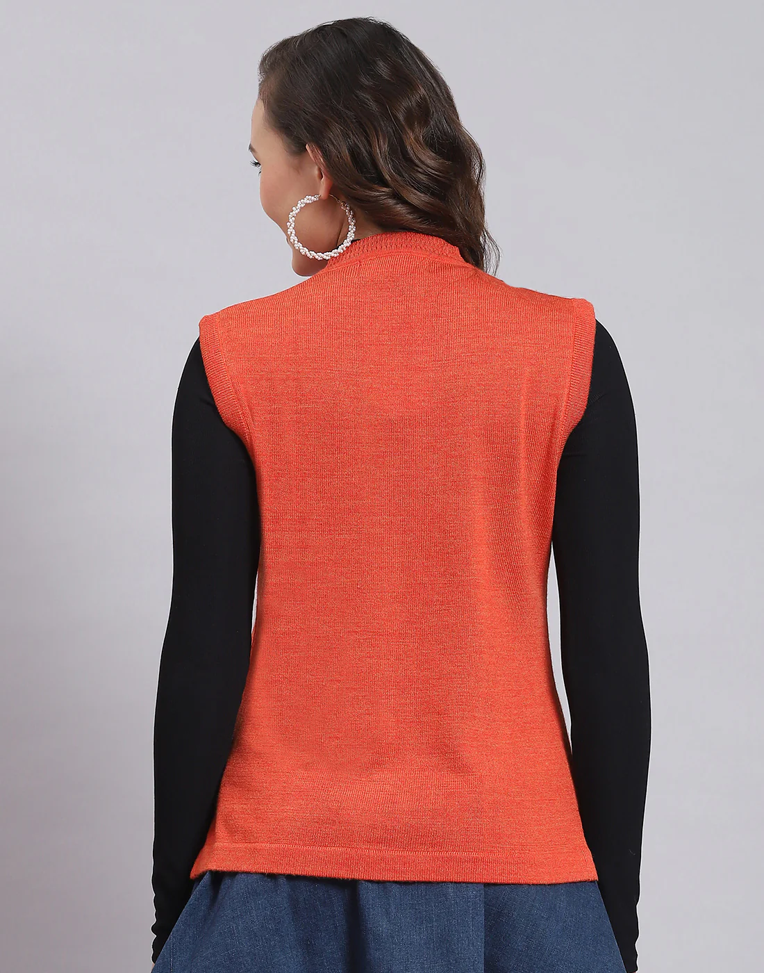 Women Orange Solid V Neck Sleeveless Sweater - Image 6