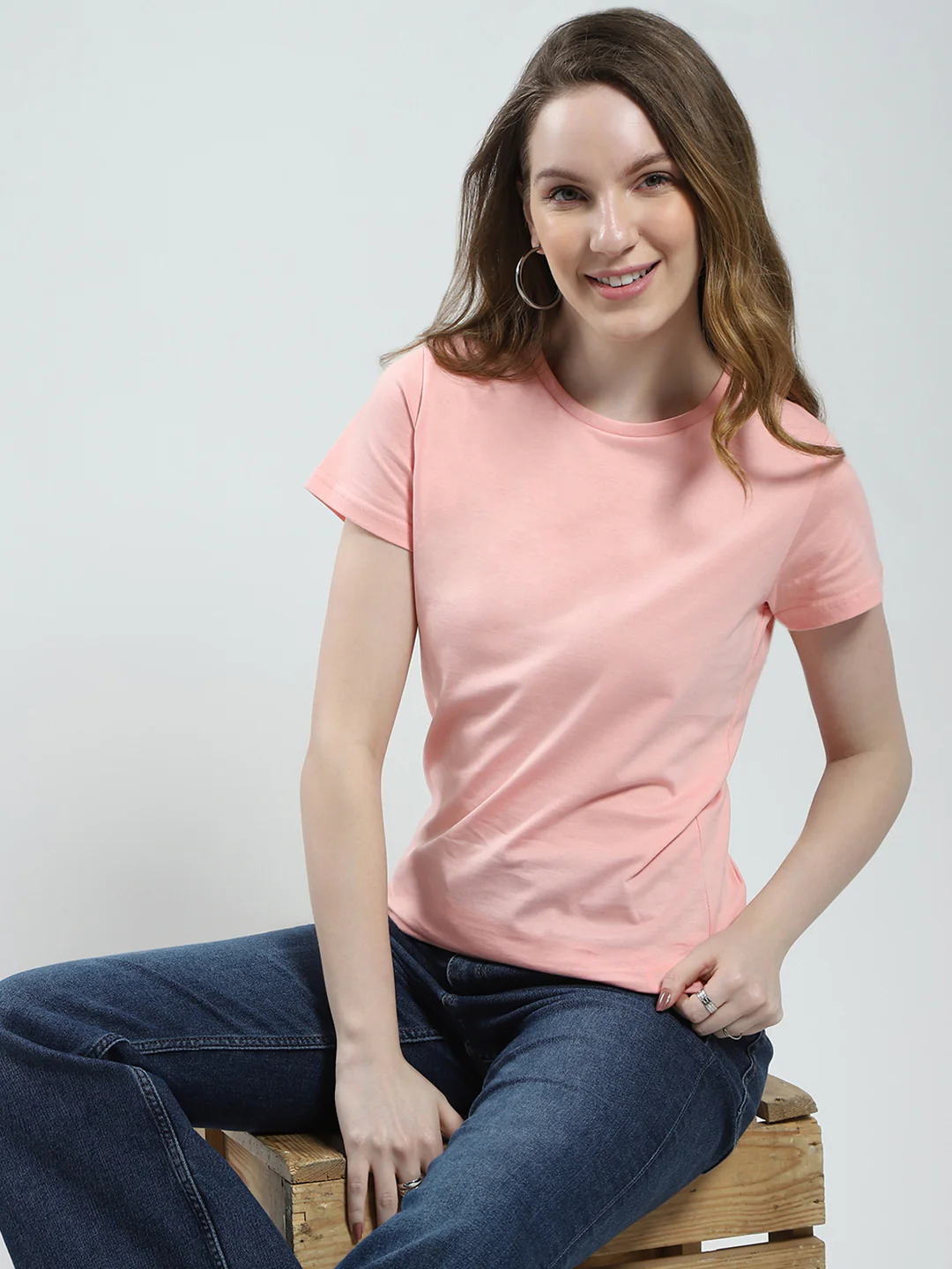 Women Peach & Blue Solid Round Neck Half Sleeve Top 2Pc Set - Image 7