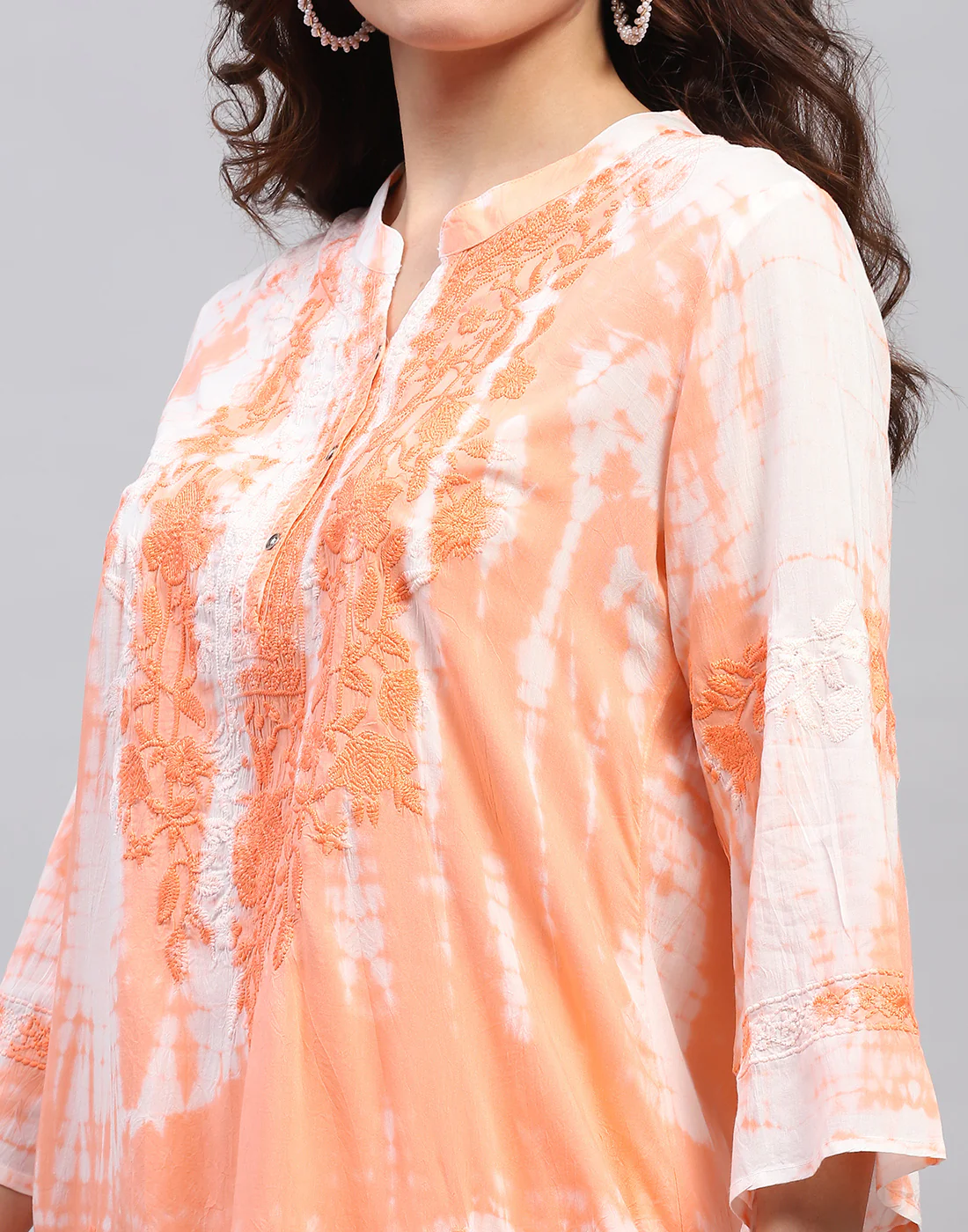 Women Peach Embroidered Mandarin collar 3/4 Sleeve Cords Set - Image 2