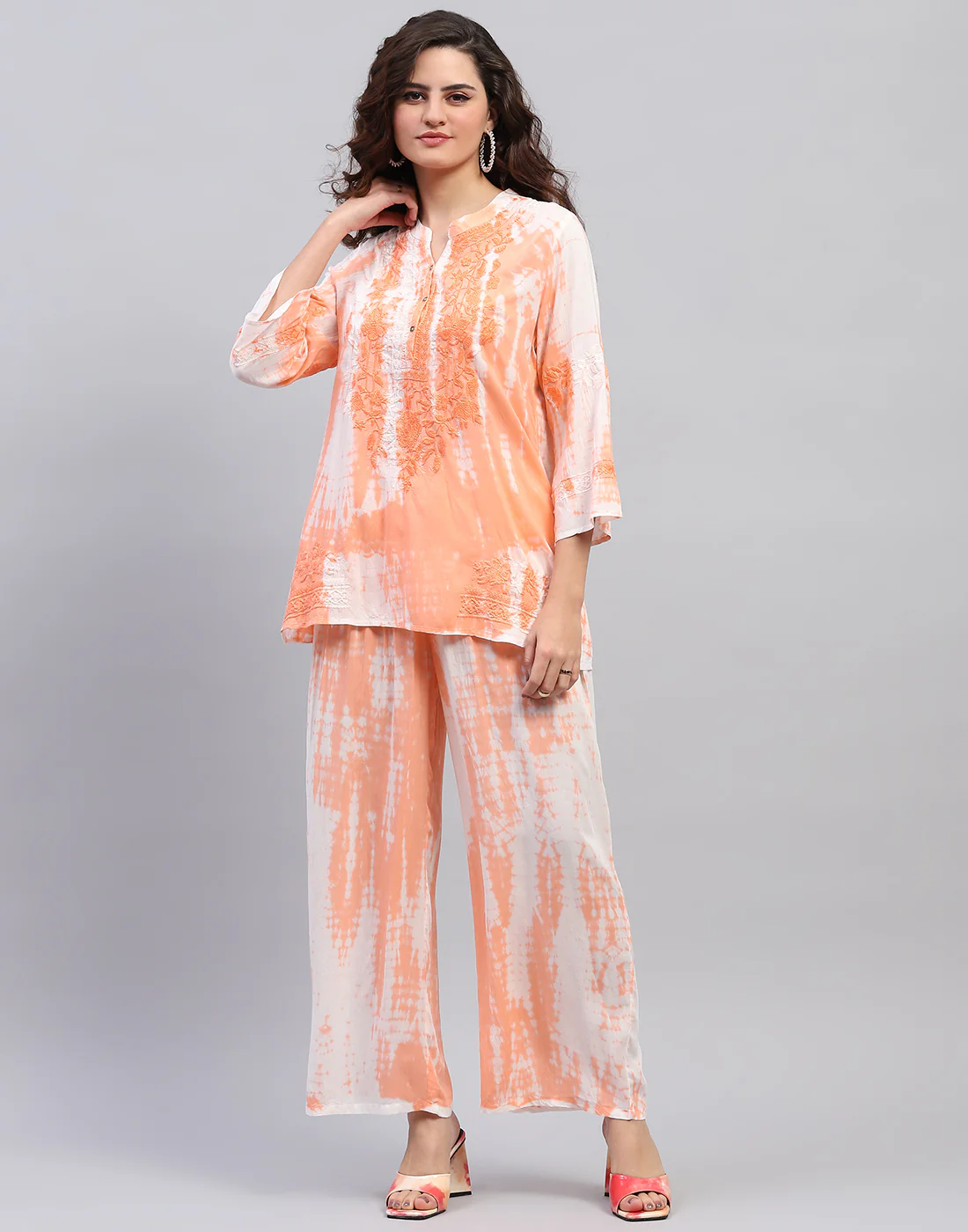 Women Peach Embroidered Mandarin collar 3/4 Sleeve Cords Set - Image 3
