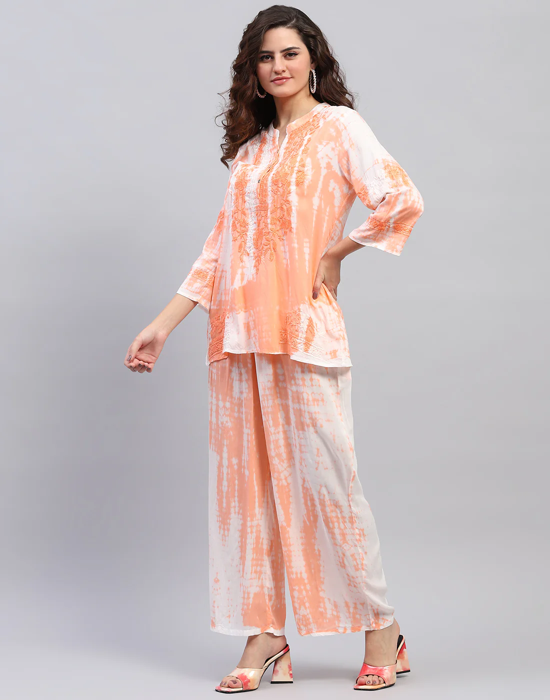 Women Peach Embroidered Mandarin collar 3/4 Sleeve Cords Set - Image 4