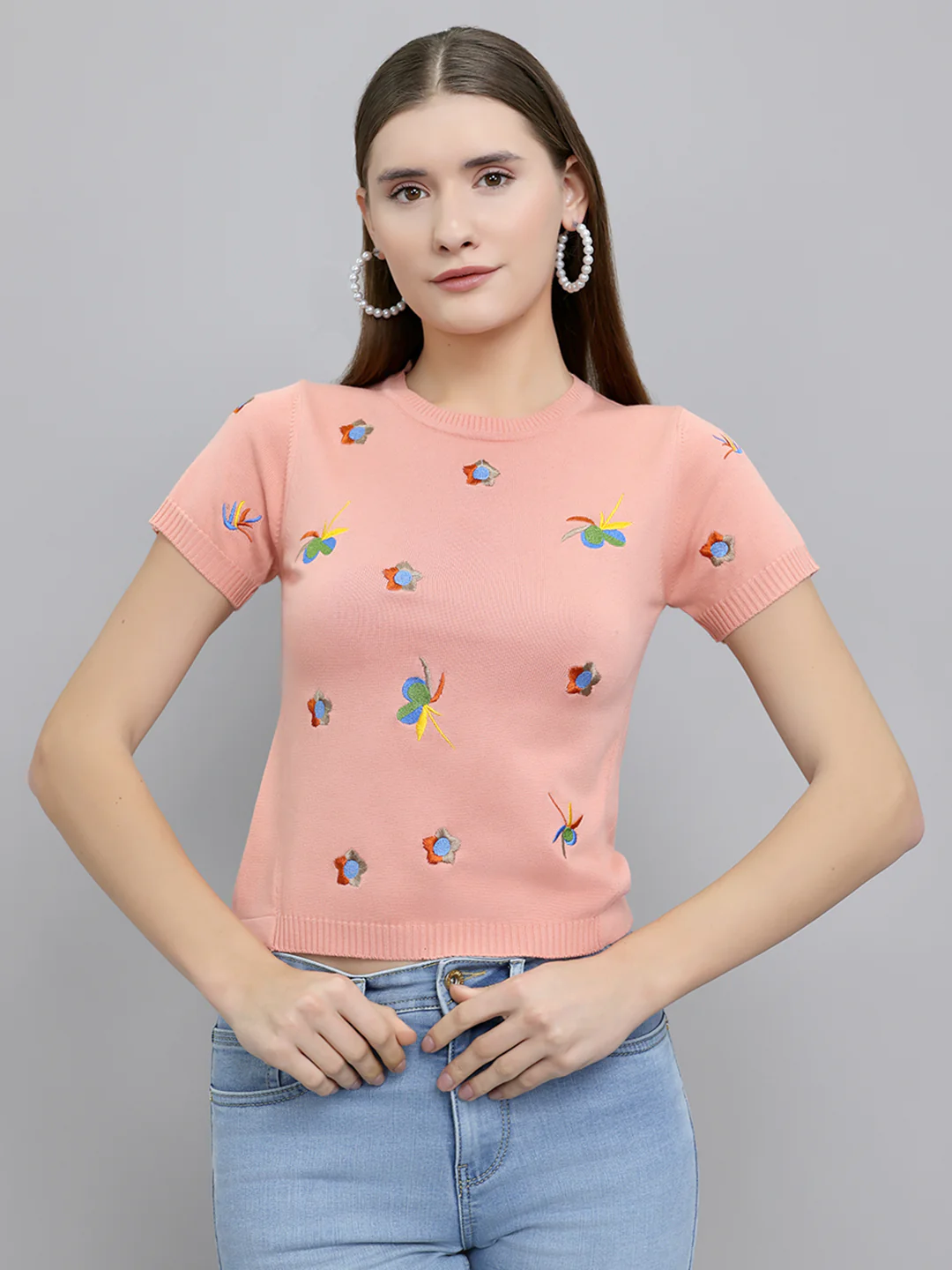 Women Peach Embroidered Round Neck Half Sleeve Top