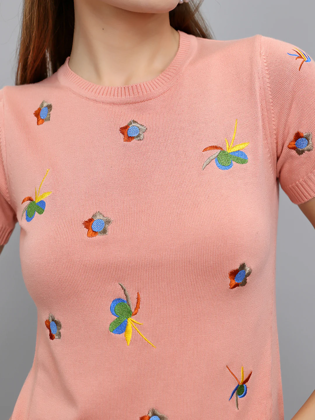Women Peach Embroidered Round Neck Half Sleeve Top - Image 5