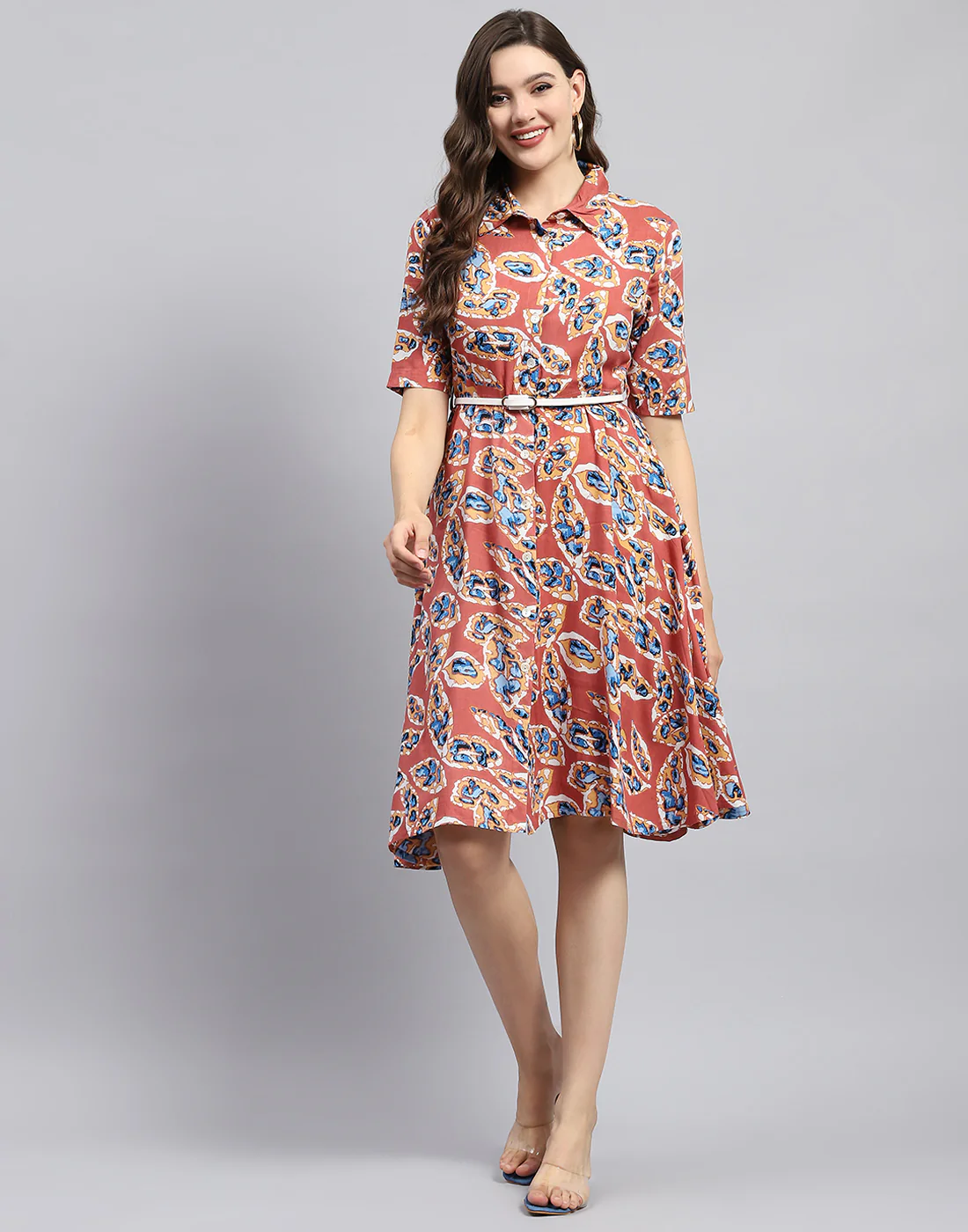 Women Peach Printed Collar Half Sleeve Dress - Image 4
