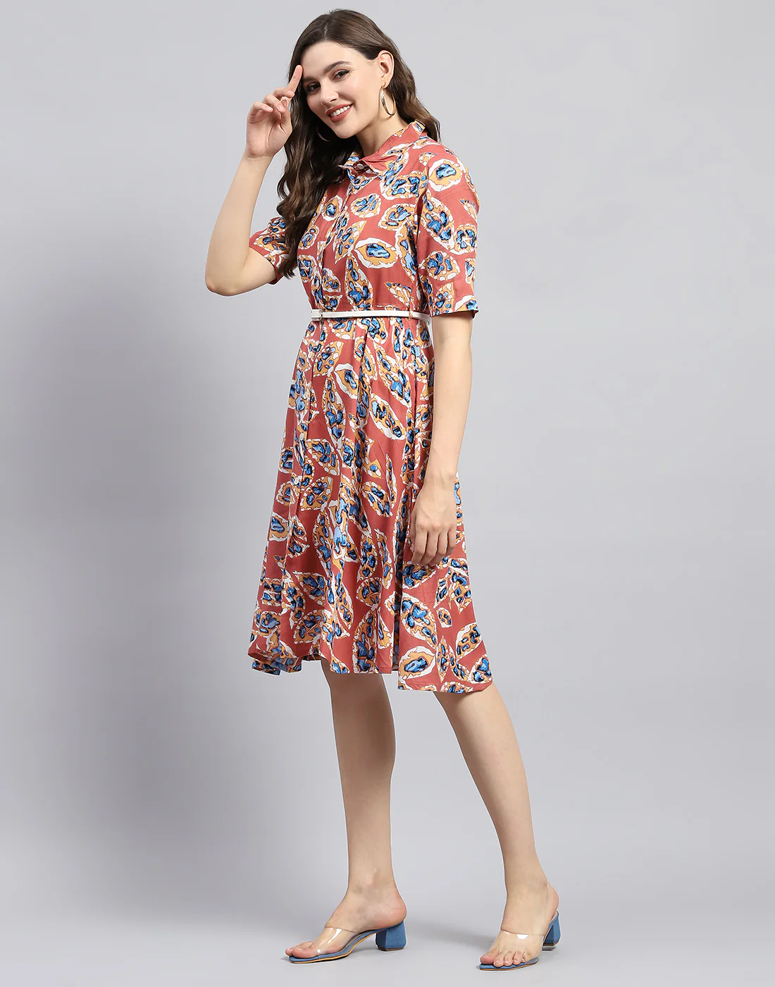 Women Peach Printed Collar Half Sleeve Dress - Image 5
