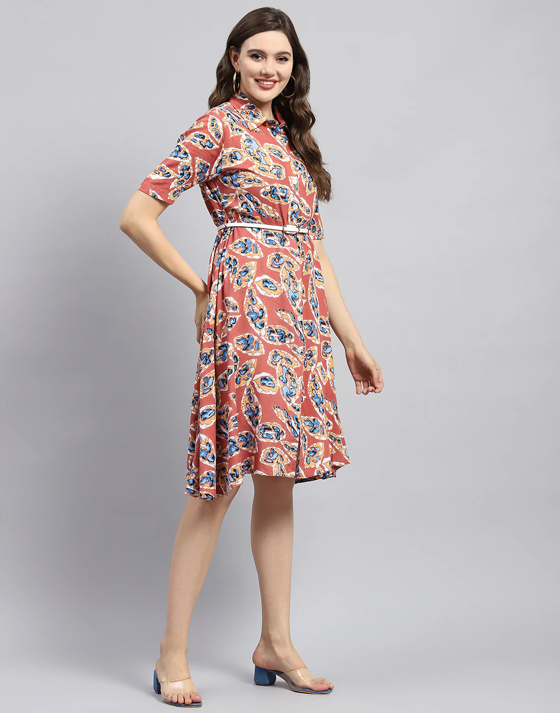 Women Peach Printed Collar Half Sleeve Dress - Image 6