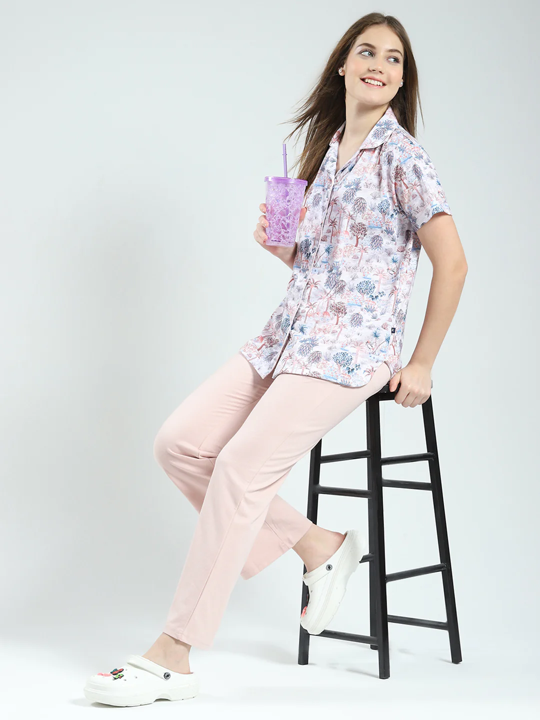 Women Peach Printed Collar Half Sleeve Lower Set - Image 2
