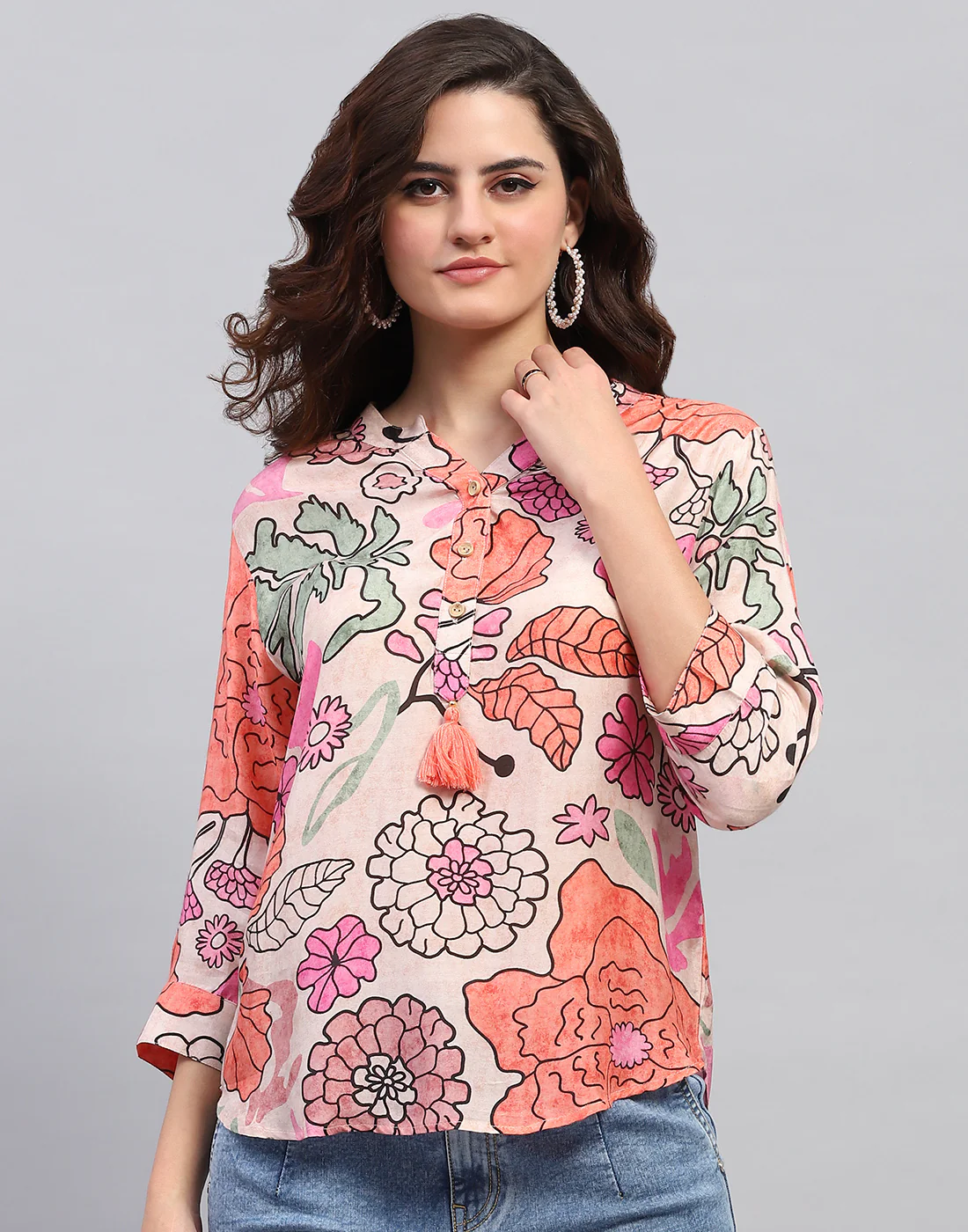 Women Peach Printed Fashion Neck 3/4 Sleeve Top - Image 2