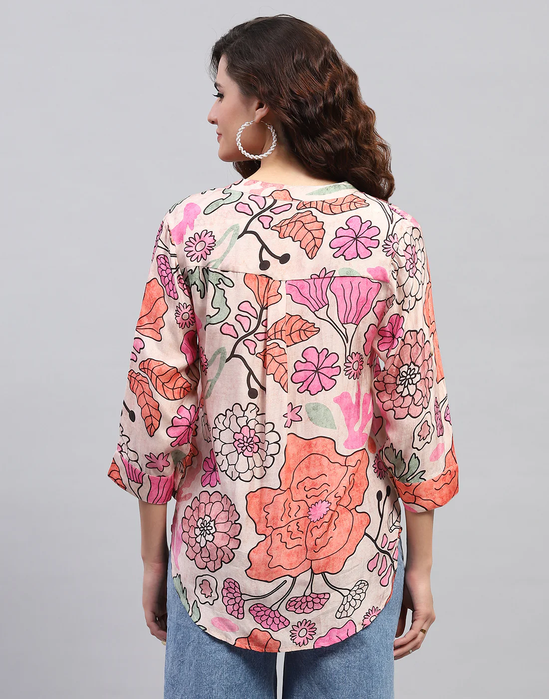 Women Peach Printed Fashion Neck 3/4 Sleeve Top - Image 5