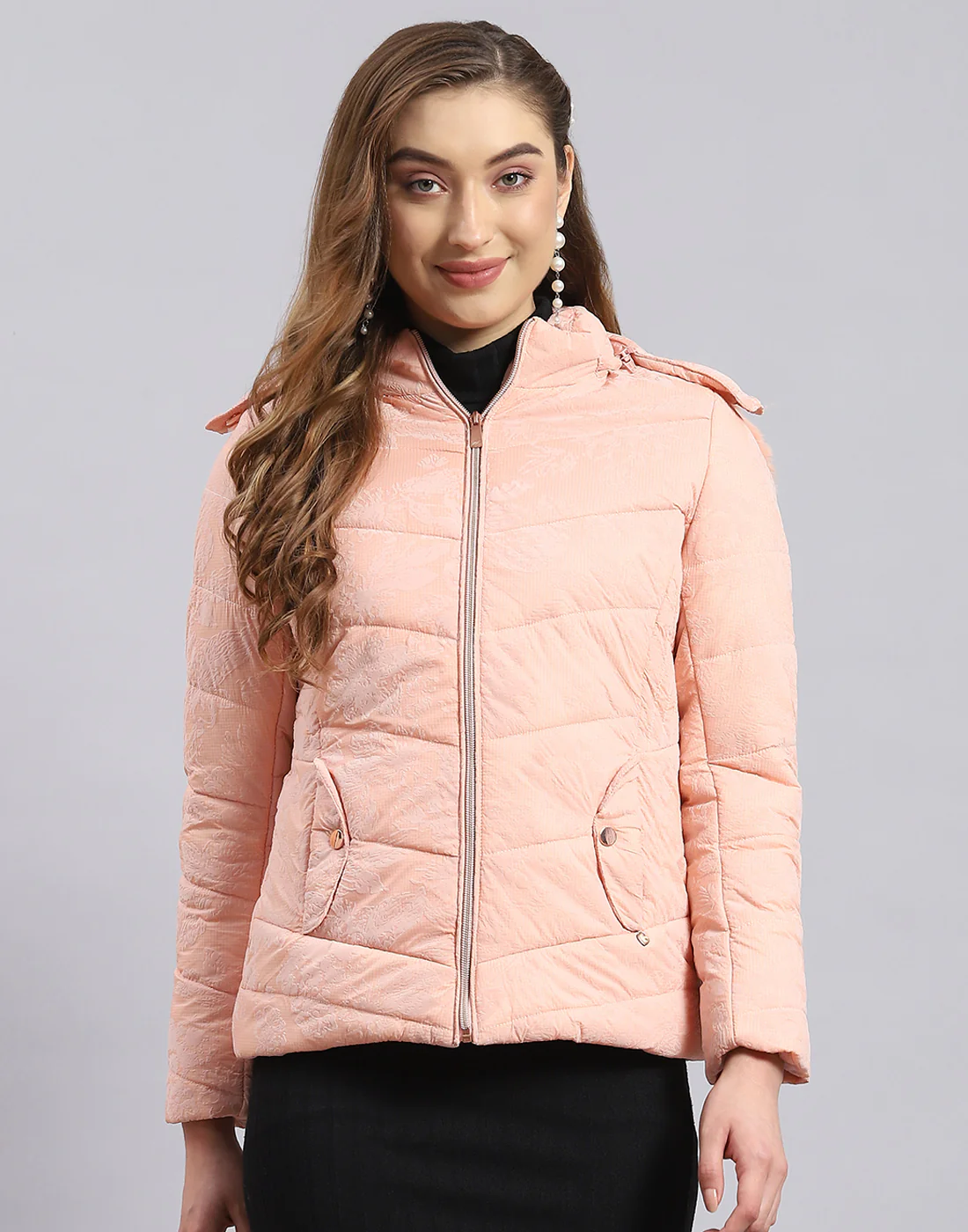 Women Peach Printed Hooded Full Sleeve Jacket - Image 2