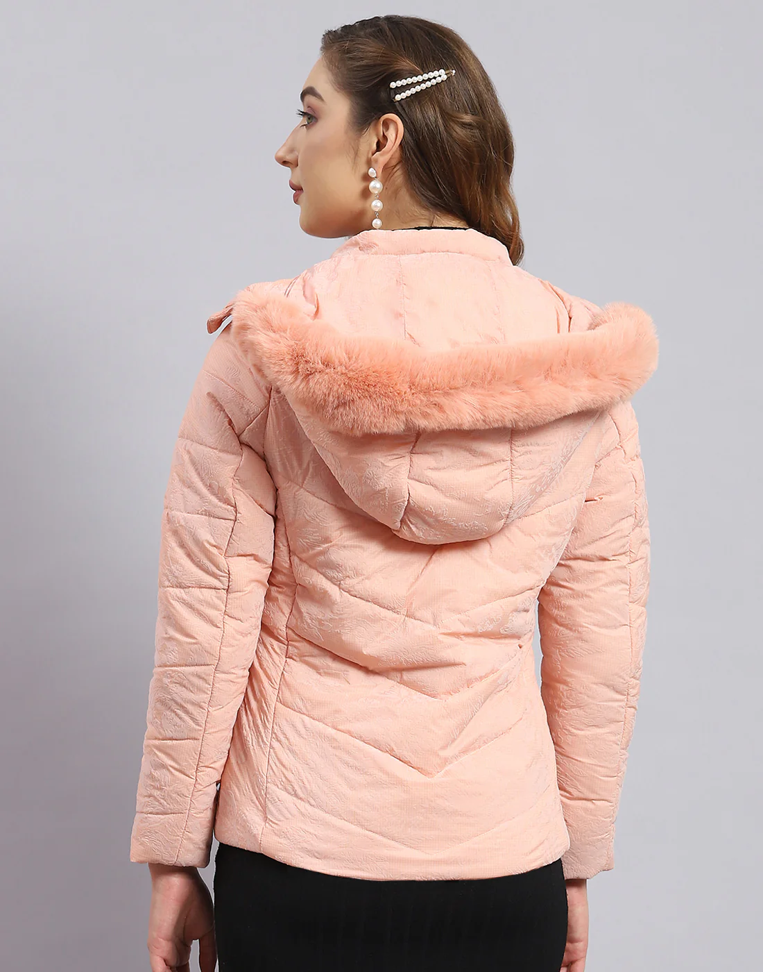 Women Peach Printed Hooded Full Sleeve Jacket - Image 5