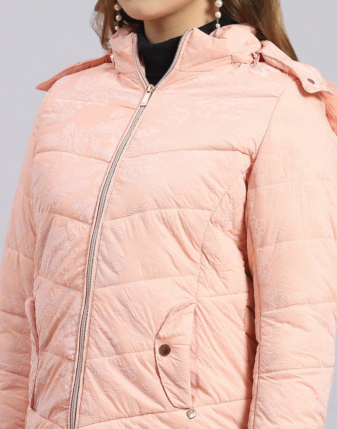 Women Peach Printed Hooded Full Sleeve Jacket - Image 6