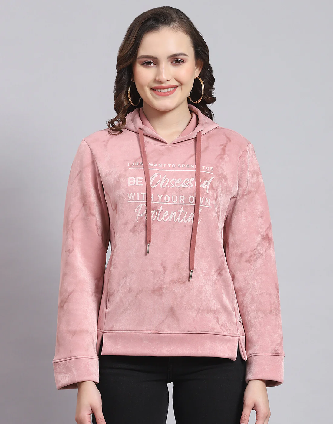 Women Peach Printed Hooded Full Sleeve Sweatshirt - Image 3