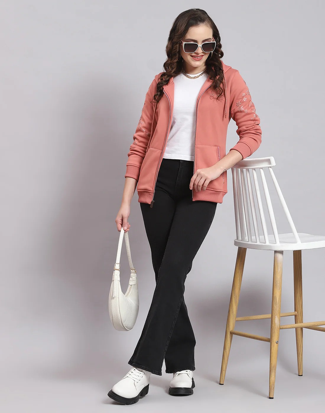 Women Peach Printed Hooded Full Sleeve Sweatshirt - Image 2