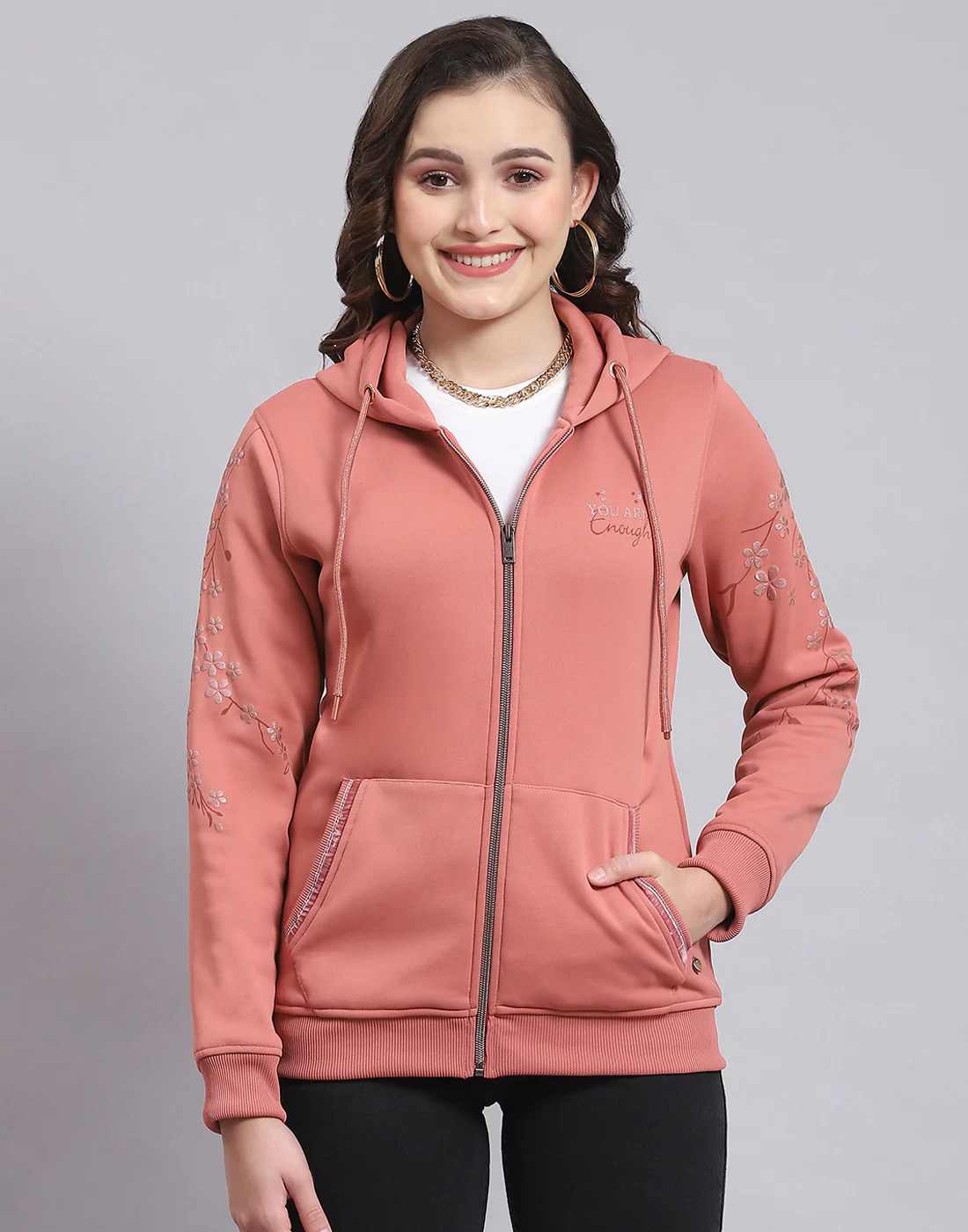 Women Peach Printed Hooded Full Sleeve Sweatshirt - Image 3