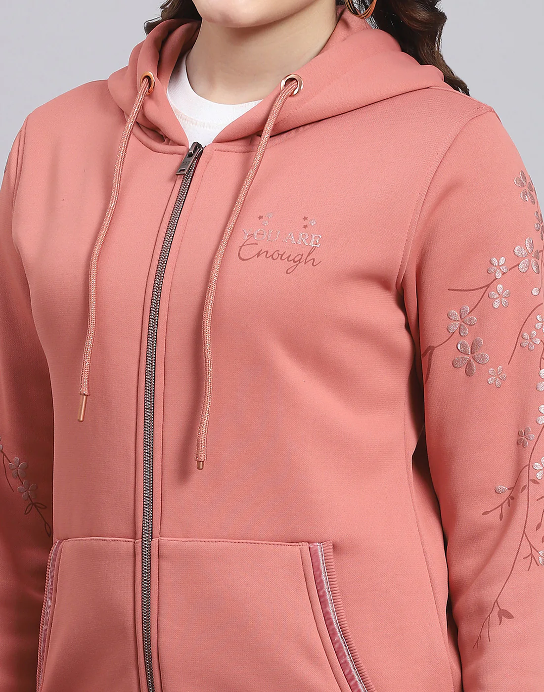 Women Peach Printed Hooded Full Sleeve Sweatshirt - Image 7