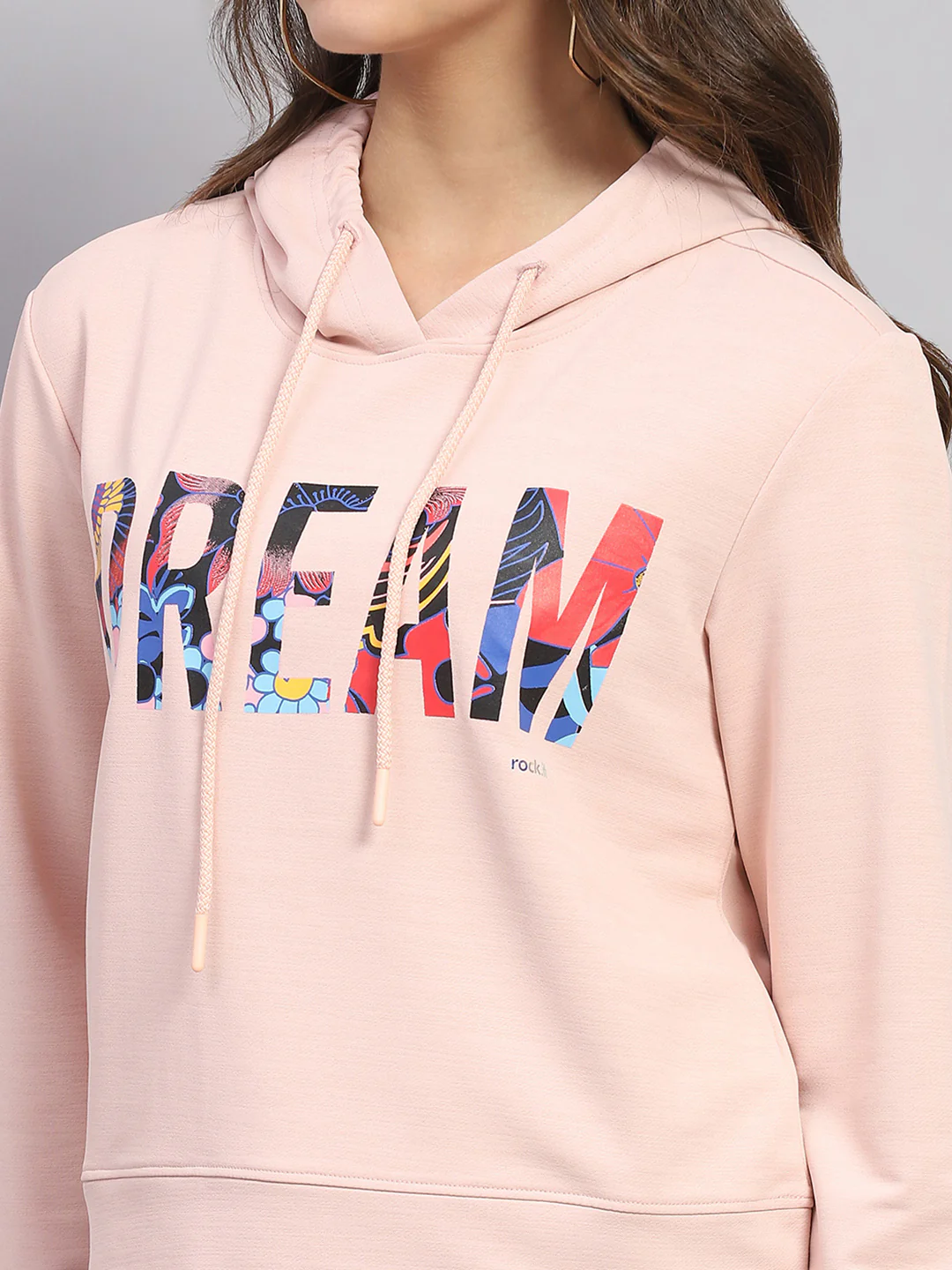 Rock.it Women Peach Printed Hooded Full Sleeve Sweatshirt - Image 6
