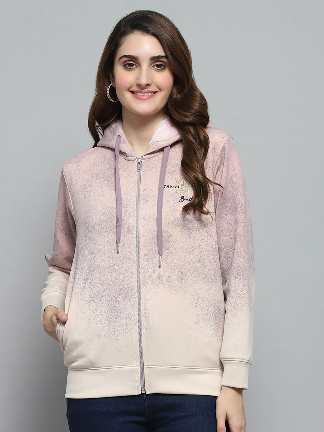 Women Peach Printed Hooded Full Sleeve Sweatshirt