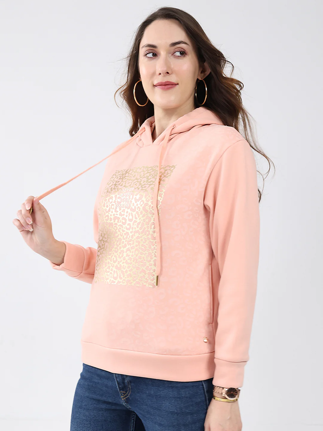 Women Peach Printed Hooded Full Sleeve Sweatshirt - Image 3
