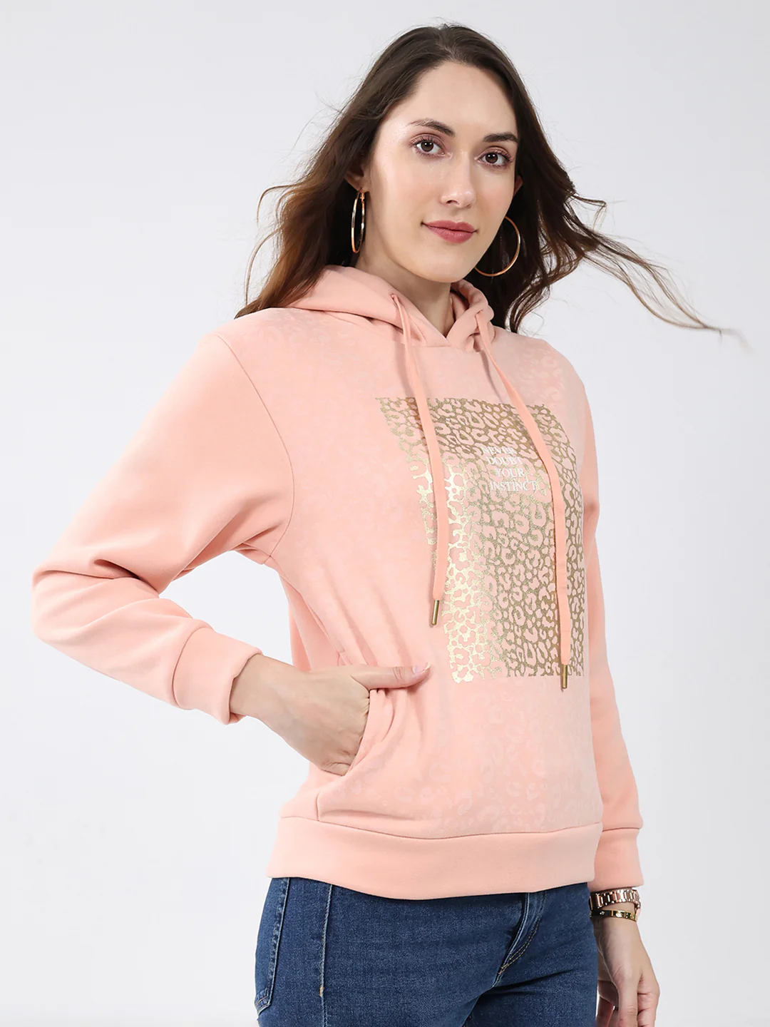 Women Peach Printed Hooded Full Sleeve Sweatshirt - Image 4