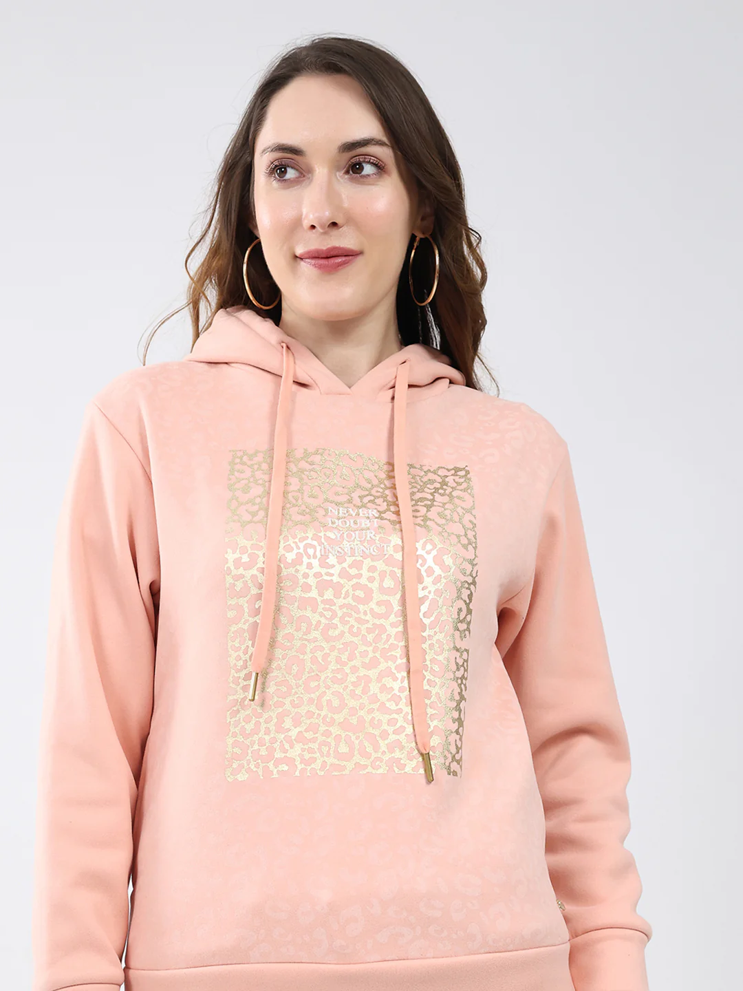 Women Peach Printed Hooded Full Sleeve Sweatshirt - Image 7