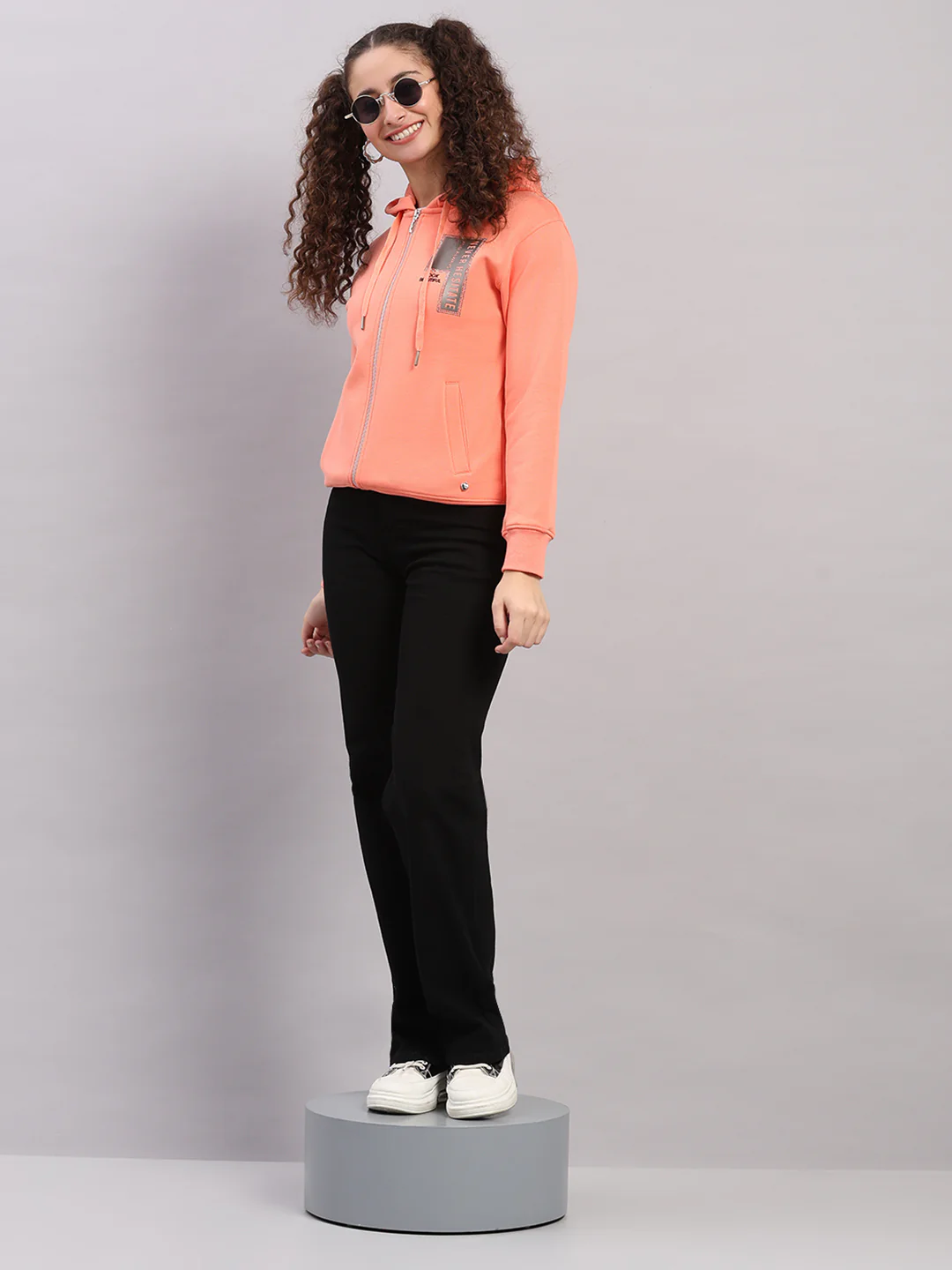 Women Peach Printed Hooded Full Sleeve Sweatshirt - Image 2
