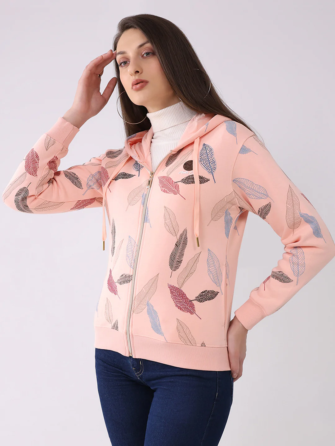 Women Peach Printed Hooded Full Sleeve Sweatshirt - Image 3