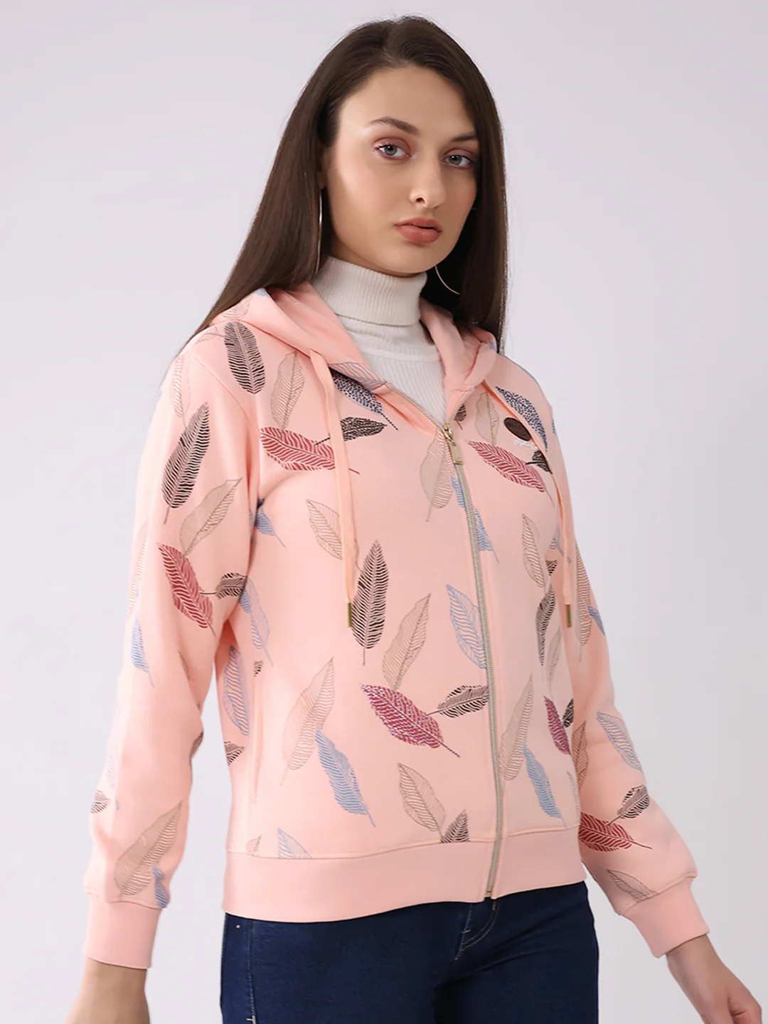 Women Peach Printed Hooded Full Sleeve Sweatshirt - Image 4