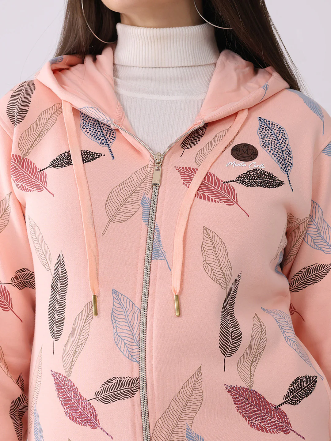 Women Peach Printed Hooded Full Sleeve Sweatshirt - Image 6