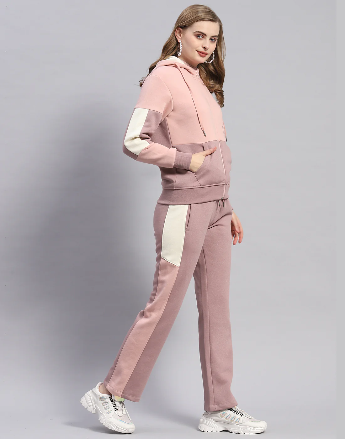 Women Peach Printed Hooded Full Sleeve Tracksuit - Image 4