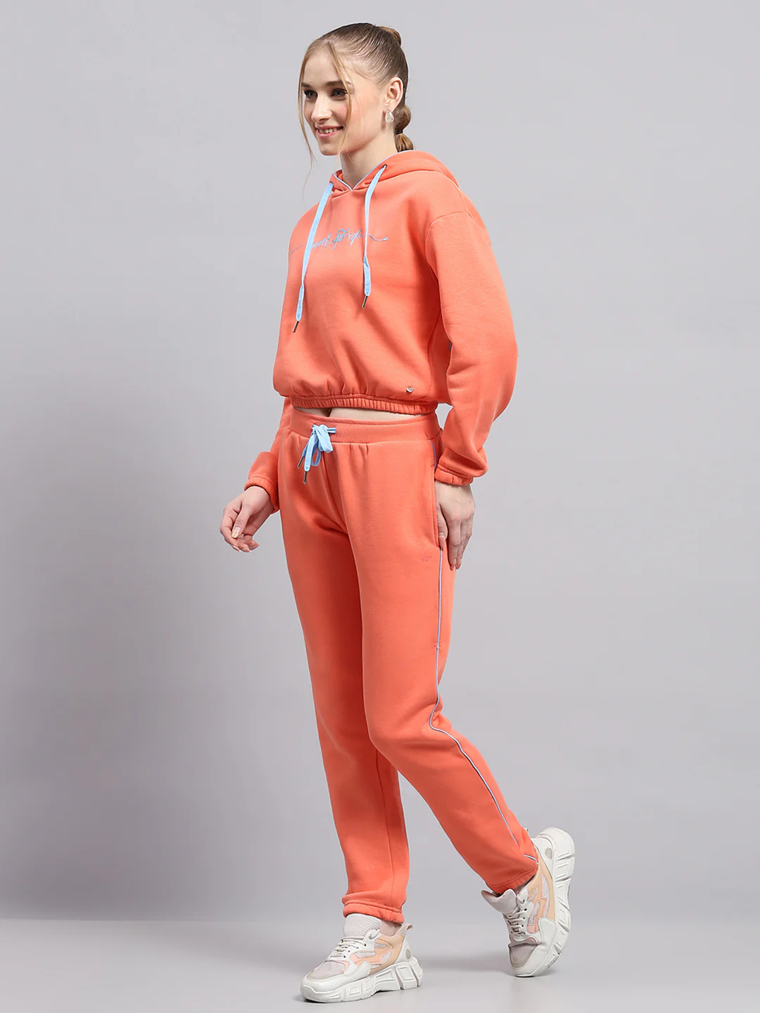 Women Peach Printed Hooded Full Sleeve Tracksuit - Image 3
