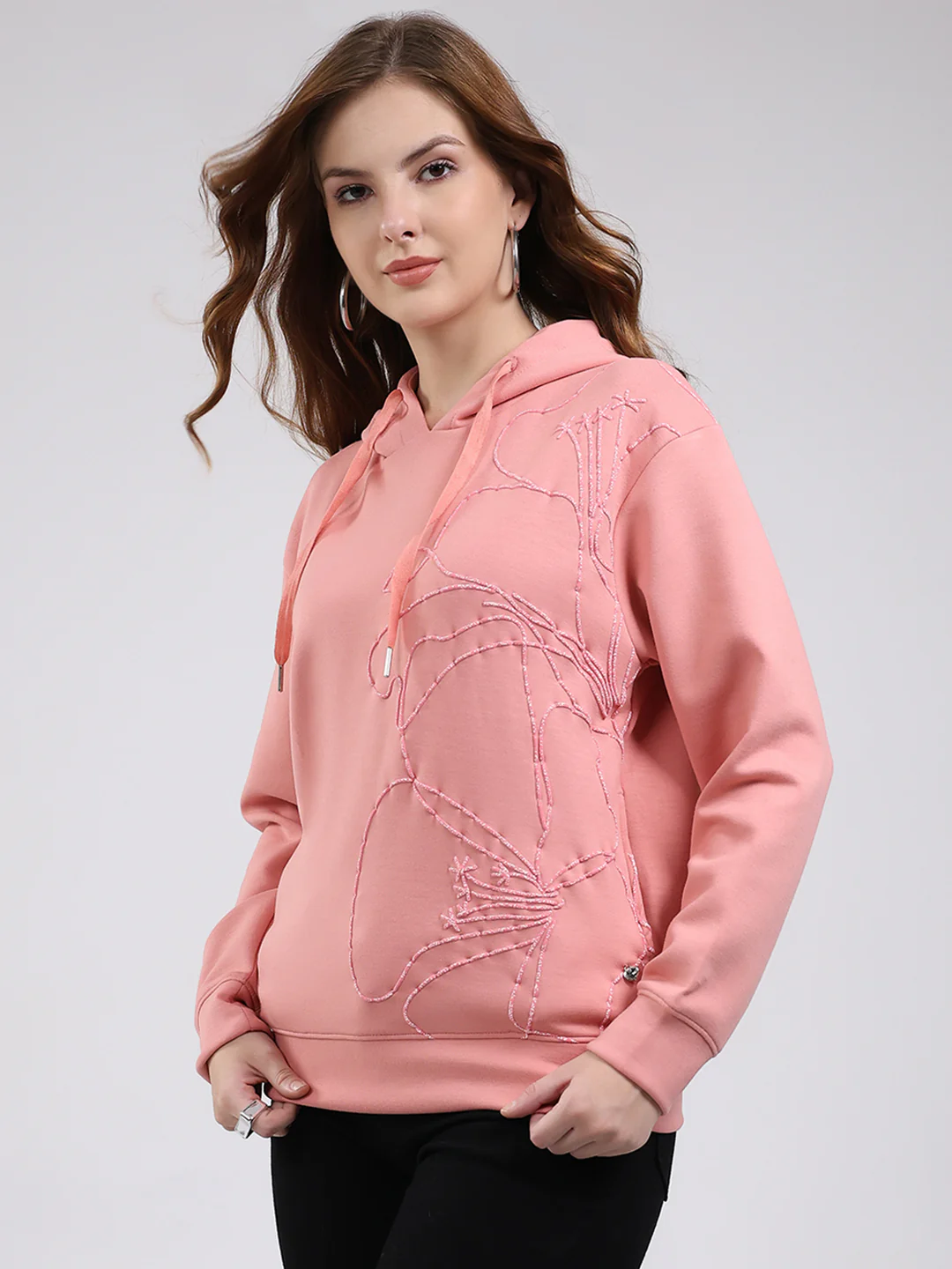 Women Peach Printed Hooded Full Sleeve Winter Top - Image 3