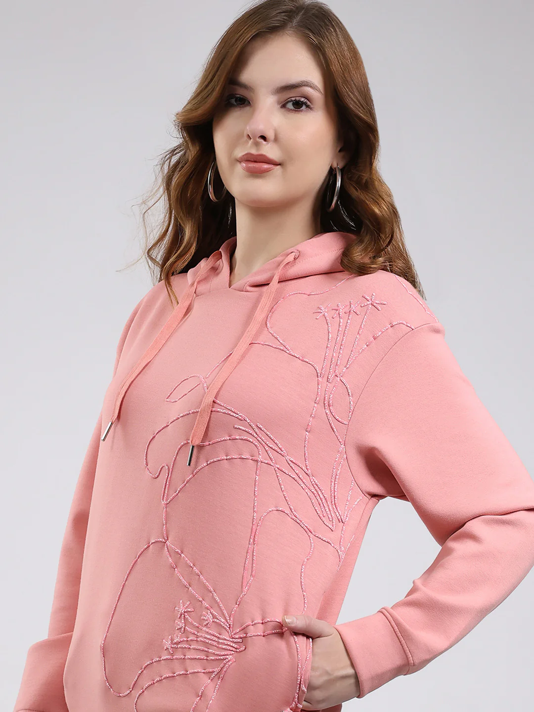 Women Peach Printed Hooded Full Sleeve Winter Top - Image 7