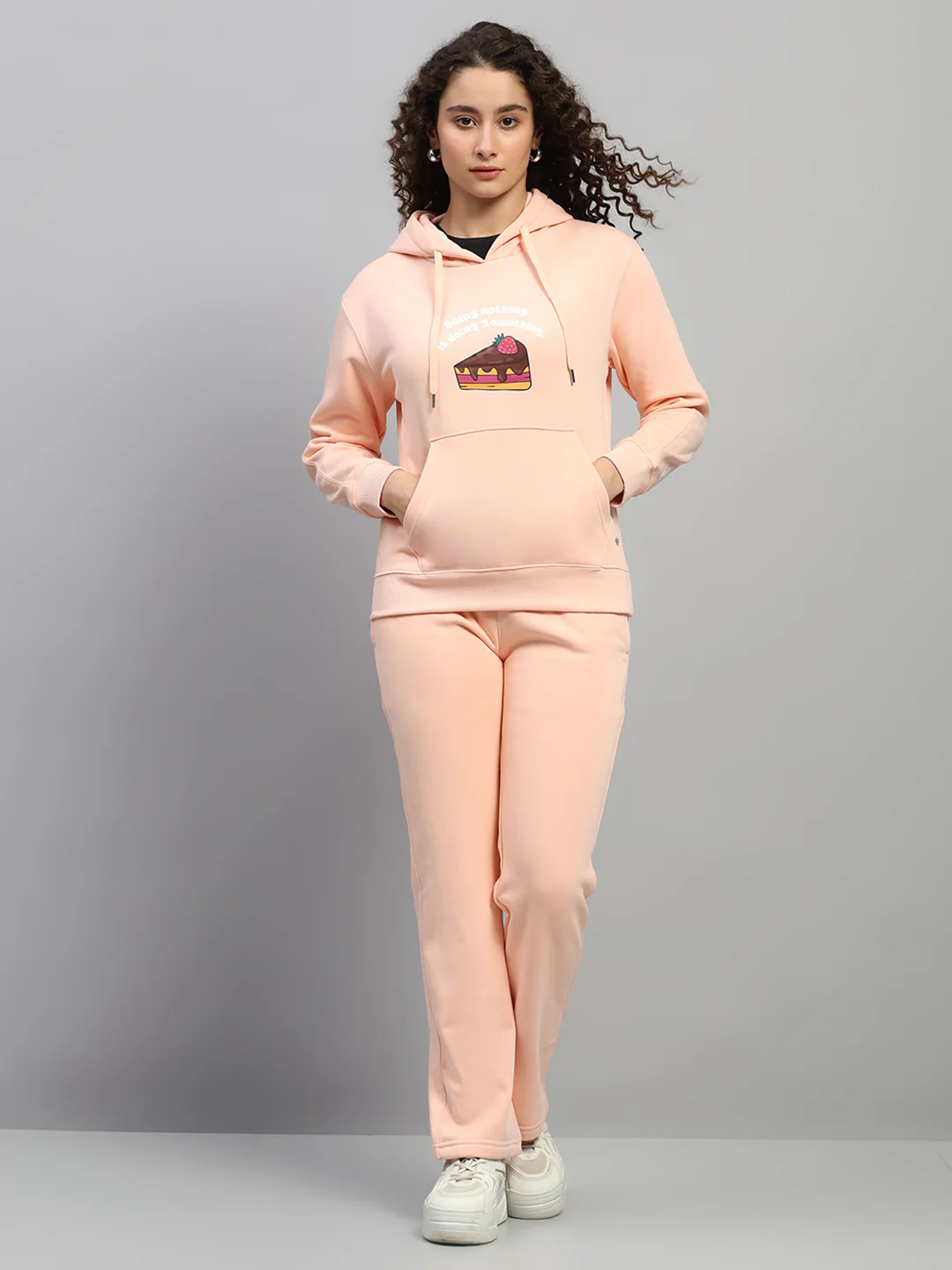 Women Peach Printed Hooded Full Sleeve Winter Tracksuit