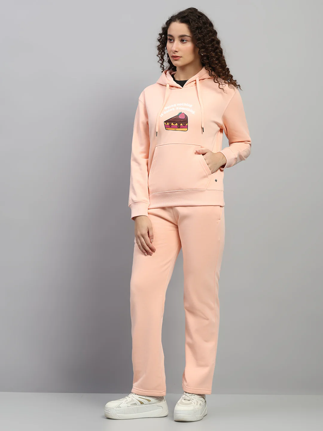 Women Peach Printed Hooded Full Sleeve Winter Tracksuit - Image 3