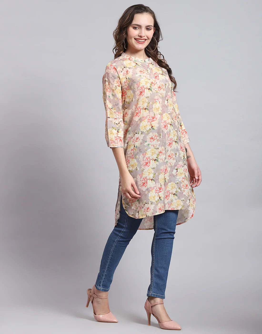 Women Peach Printed Mandarin Collar 3/4 Sleeve Kurti - Image 4