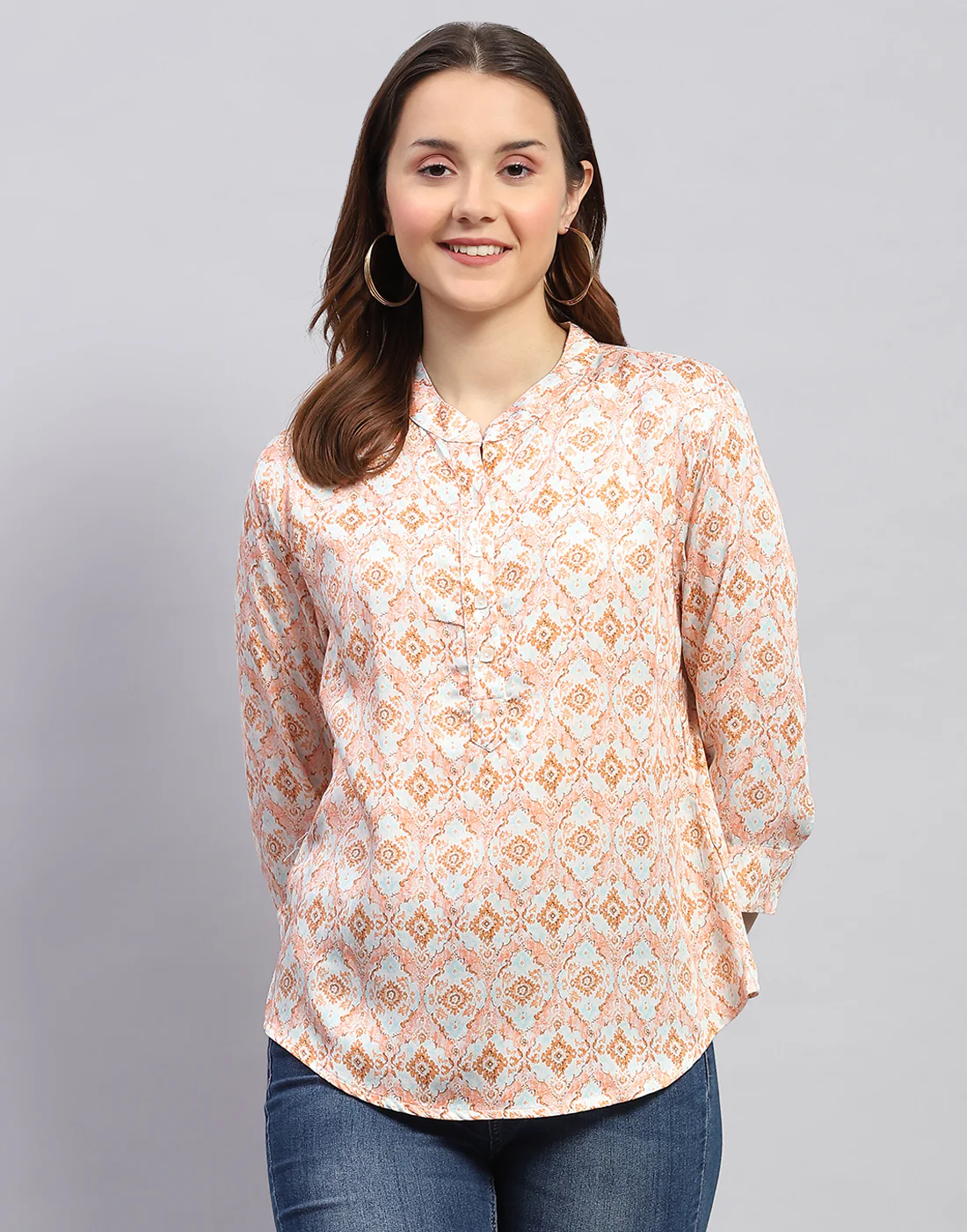 Women Peach Printed Mandarin Neck 3/4 Sleeve Top - Image 3
