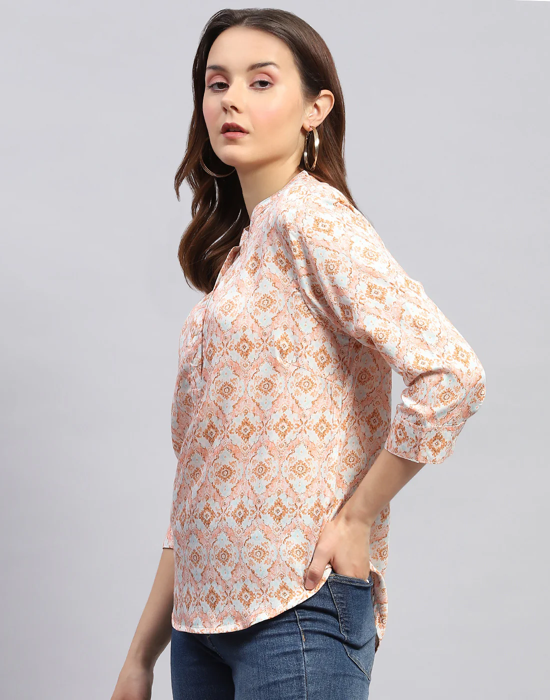 Women Peach Printed Mandarin Neck 3/4 Sleeve Top - Image 4