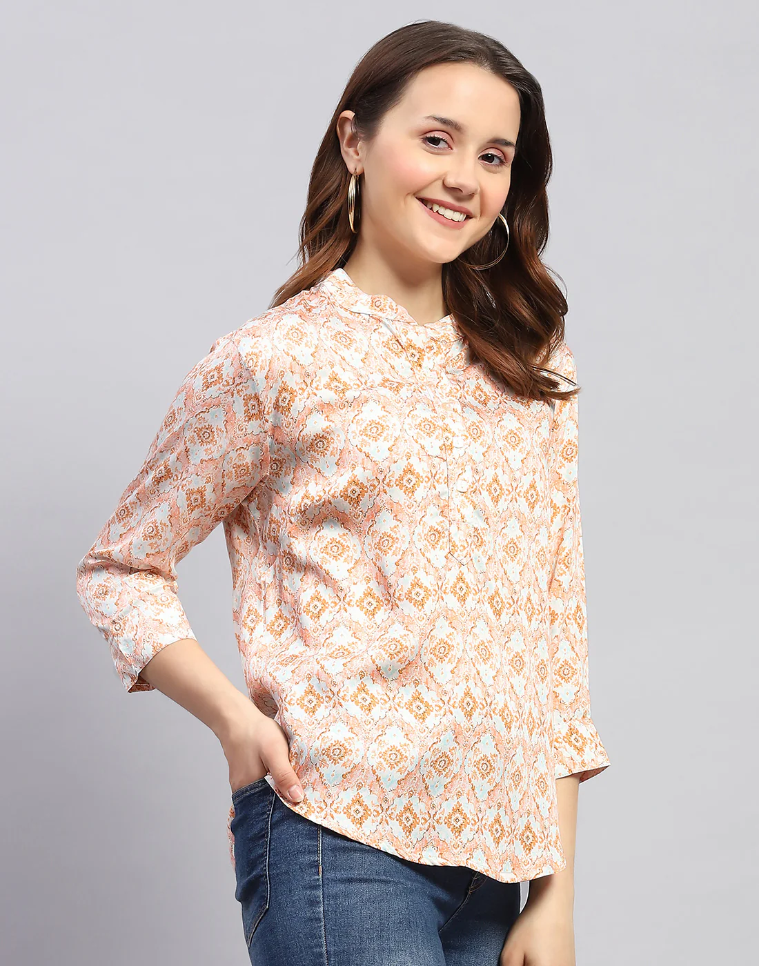 Women Peach Printed Mandarin Neck 3/4 Sleeve Top - Image 5